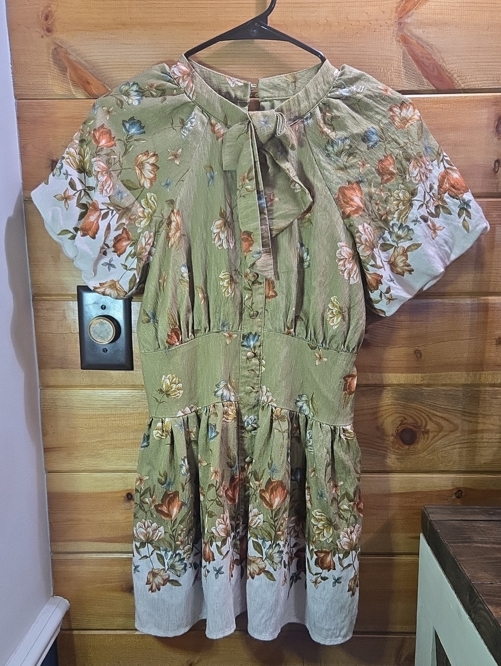 GB girls Olive Green Floral Tie-Neck Casual Dress